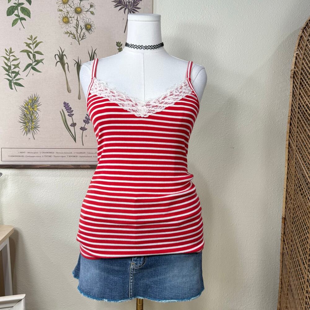 Y2k Red White Striped Lace Ribbed Knit Cami Top Coquette Classic Nautical L - Picture 2 of 8